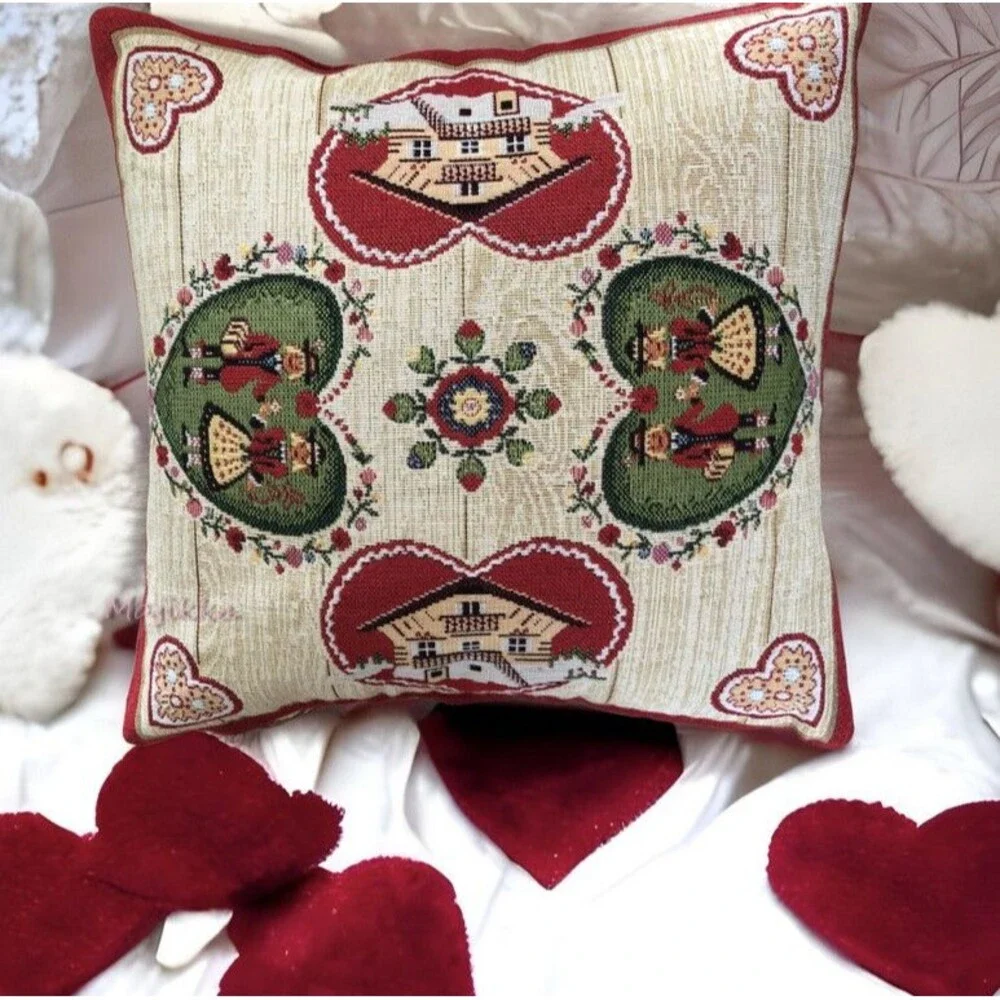 Hines Of Oxford Throw Pillow Tapestry Embroidered Nordic Hearts Made in UK 13x13
